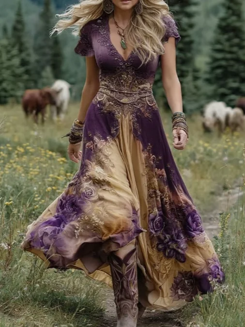 Women Floral Summer Dress V Neck Short Sleeve A-Line Dress