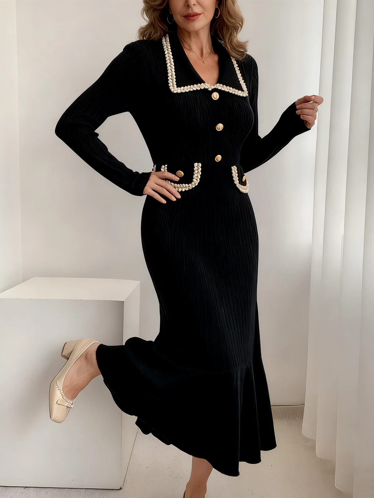 Women Multicolor Block Spring/Fall Dress Long Sleeve H-Line Dress