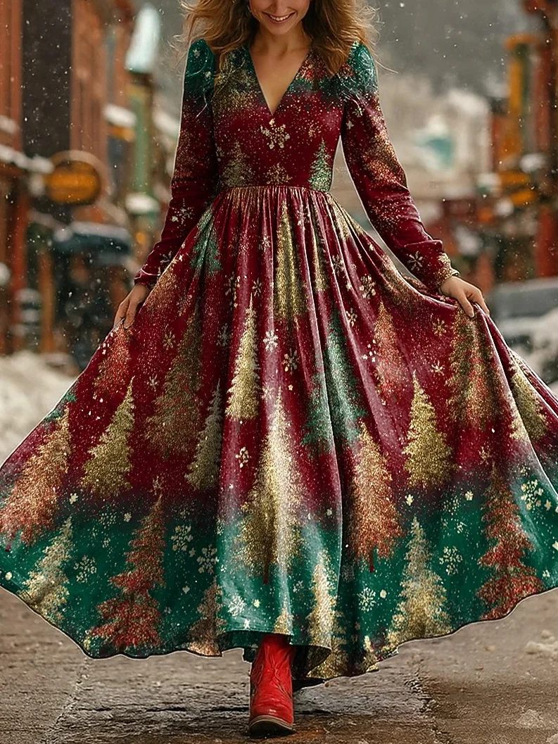 Women Christmas Spring/Fall Dress V Neck Long Sleeve A-Line Dress