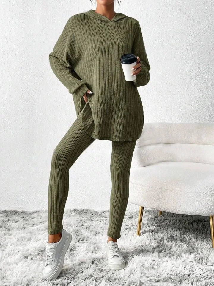 Women Plain Embossed Two-Piece Set Daily Long Sleeve Casual Spring/Fall Top With Pants Matching Set