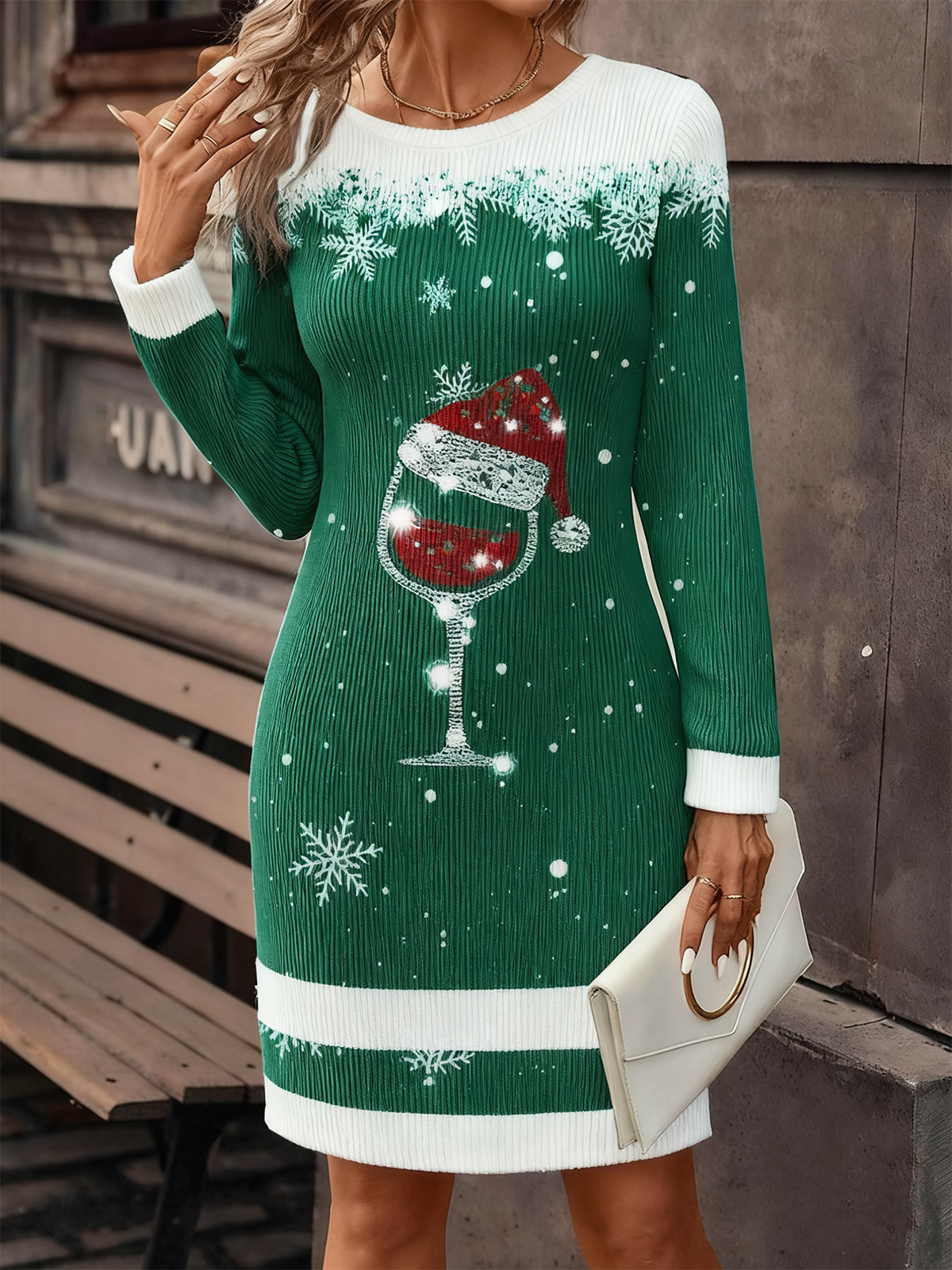 Women Christmas Autumn Dress Crew Neck Long Sleeve H-Line Dress