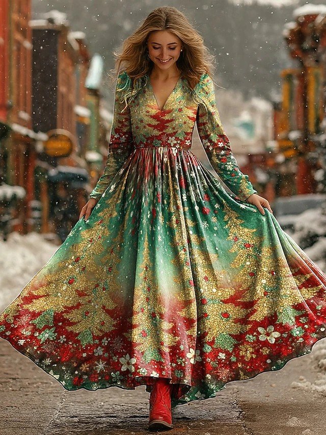 Women Christmas Spring/Fall Dress V Neck Long Sleeve A-Line Dress