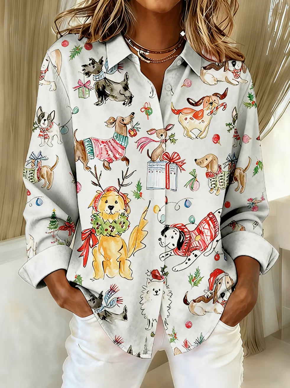 Shawl Collar Long Sleeve Christmas Regular Loose Shirt For Women