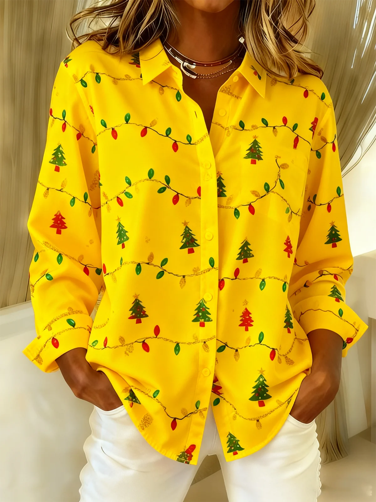 Shawl Collar Long Sleeve Christmas Regular Loose Shirt For Women