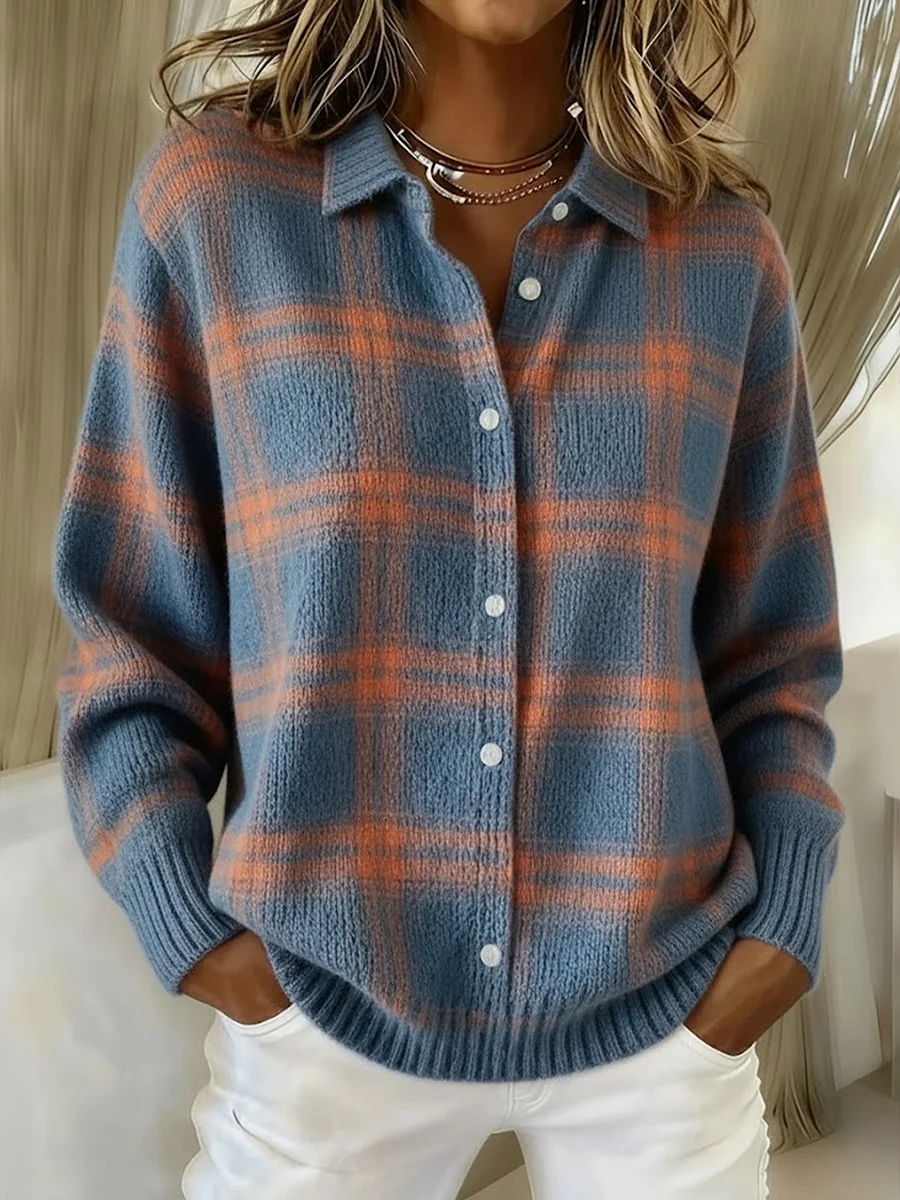 Women Plaid Long Sleeve Comfy Vintage Printing Cardigan