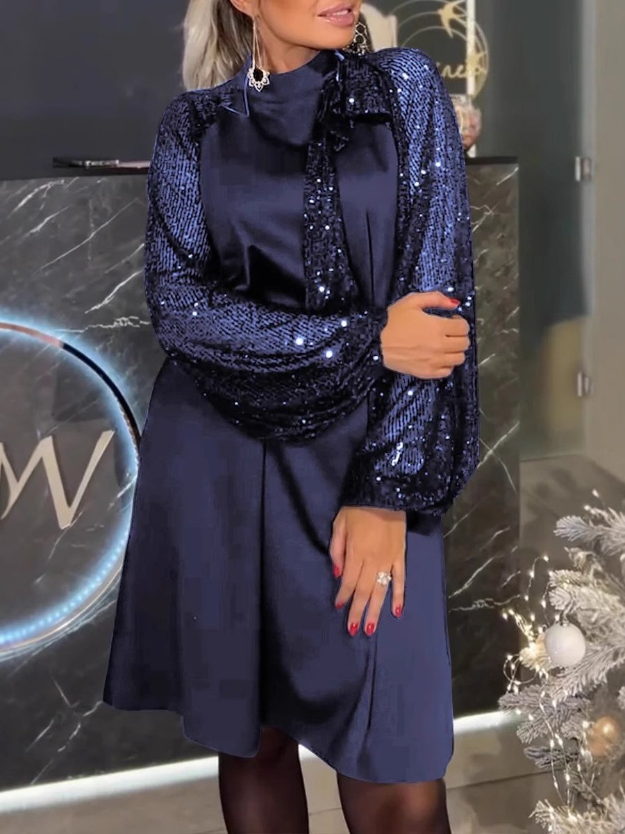 Women Plain Spring/Fall Split Joint Dress Crew Neck Long Sleeve Sequin A-Line Dress
