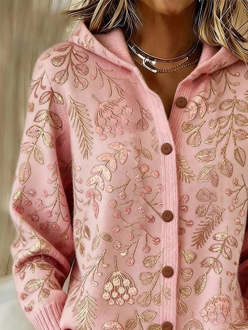 Women Wool/Knitting Botanical Pattern Long Sleeve Comfy Casual Cardigan