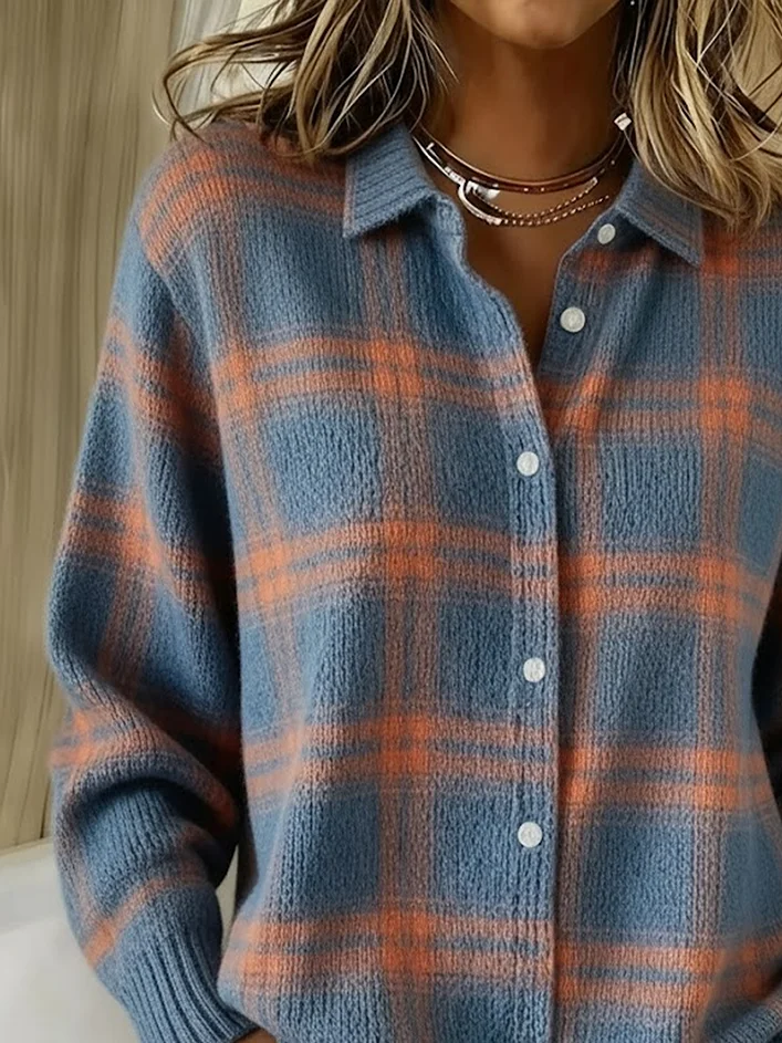 Women Plaid Long Sleeve Comfy Vintage Printing Cardigan