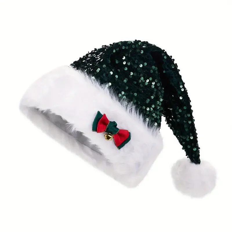 Christmas Red Sequined Bow Thickened Extra Large Pom-Pom Santa Claus Plush Hat