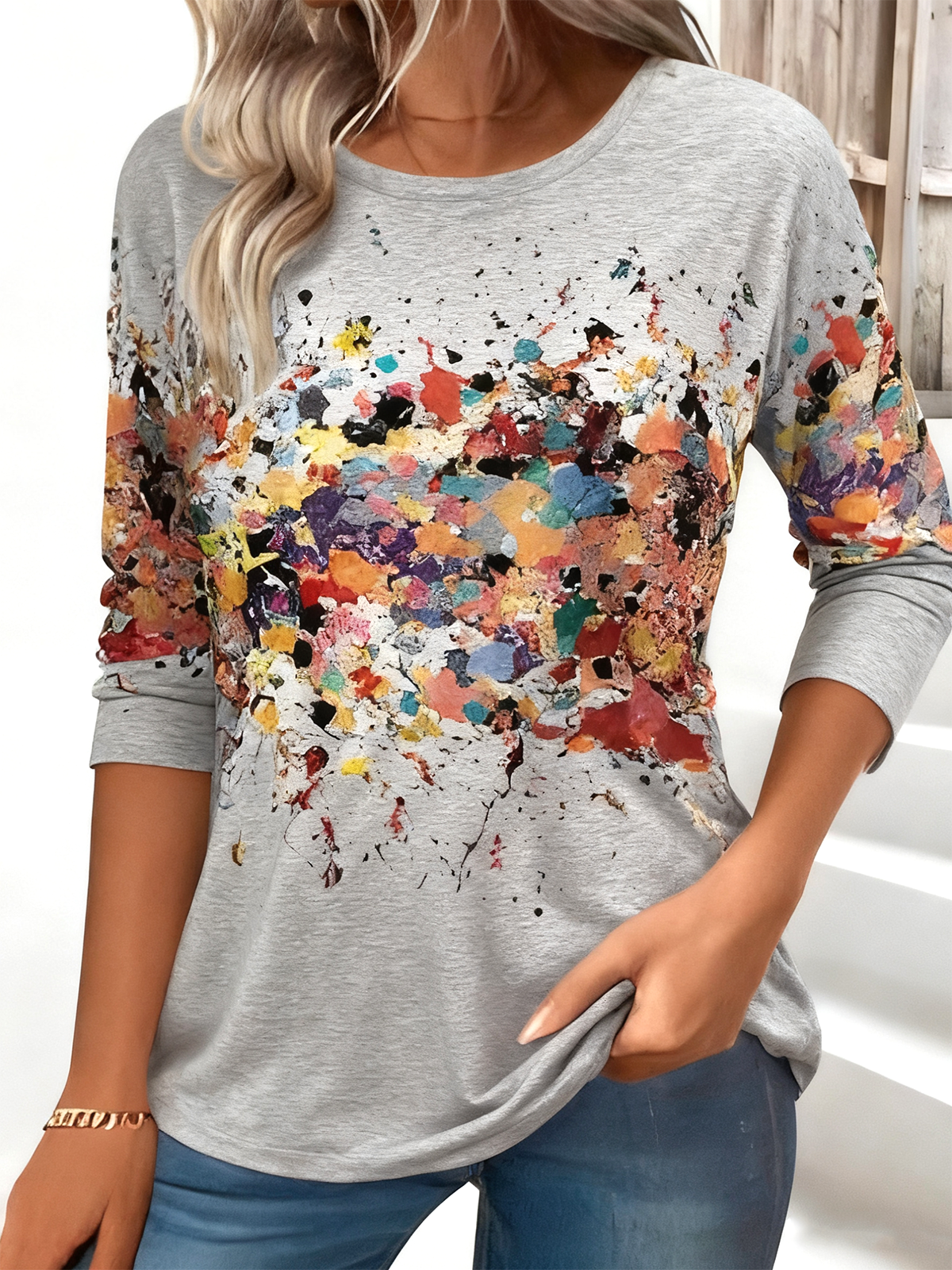 Vintage Floral Printing Crew Neck Long Sleeve T-shirt