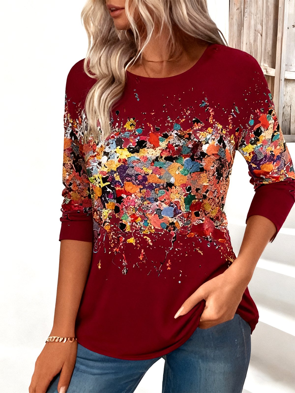 Vintage Floral Printing Crew Neck Long Sleeve T-shirt