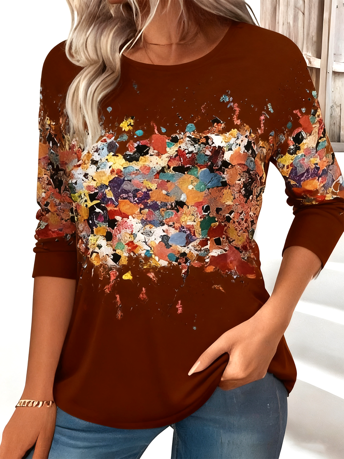 Vintage Floral Printing Crew Neck Long Sleeve T-shirt