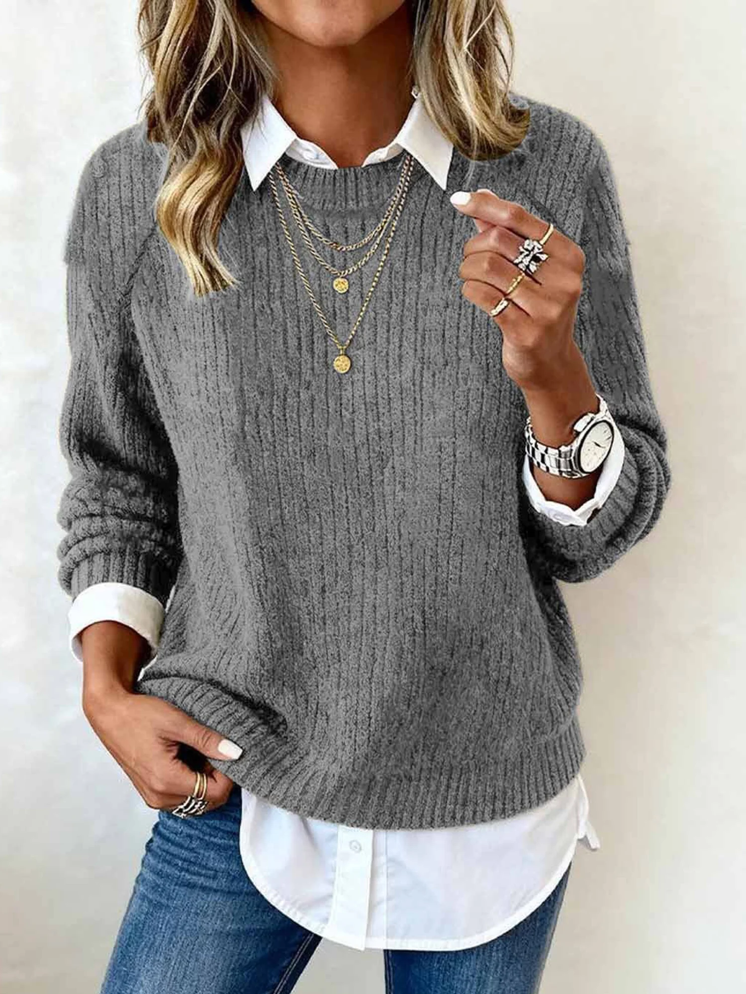 Women Plain Long Sleeve Comfy Casual Sweater