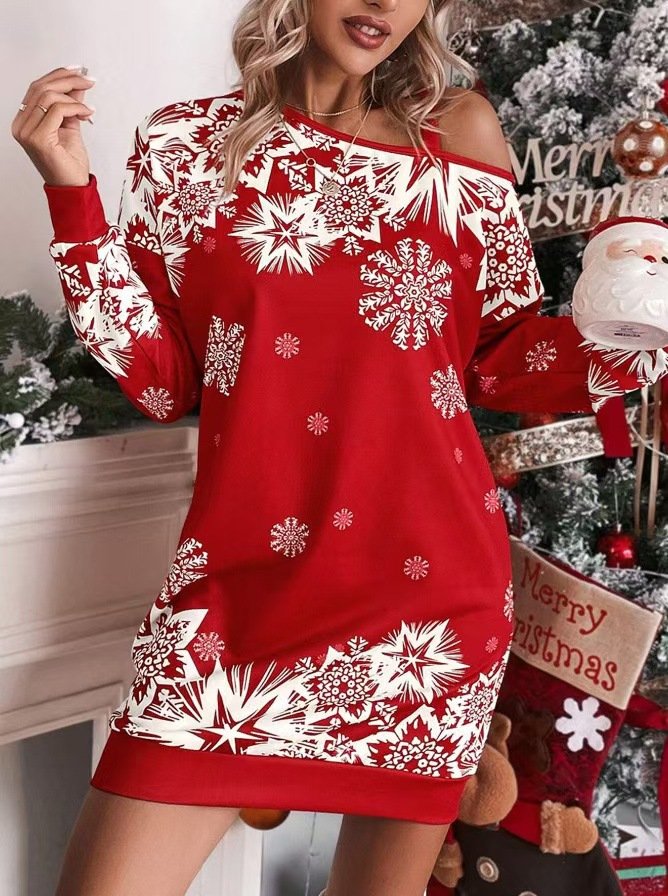 Women Christmas Spring/Fall Printing Dress Cold Shoulder Long Sleeve Hip Skirt A-Line Dress