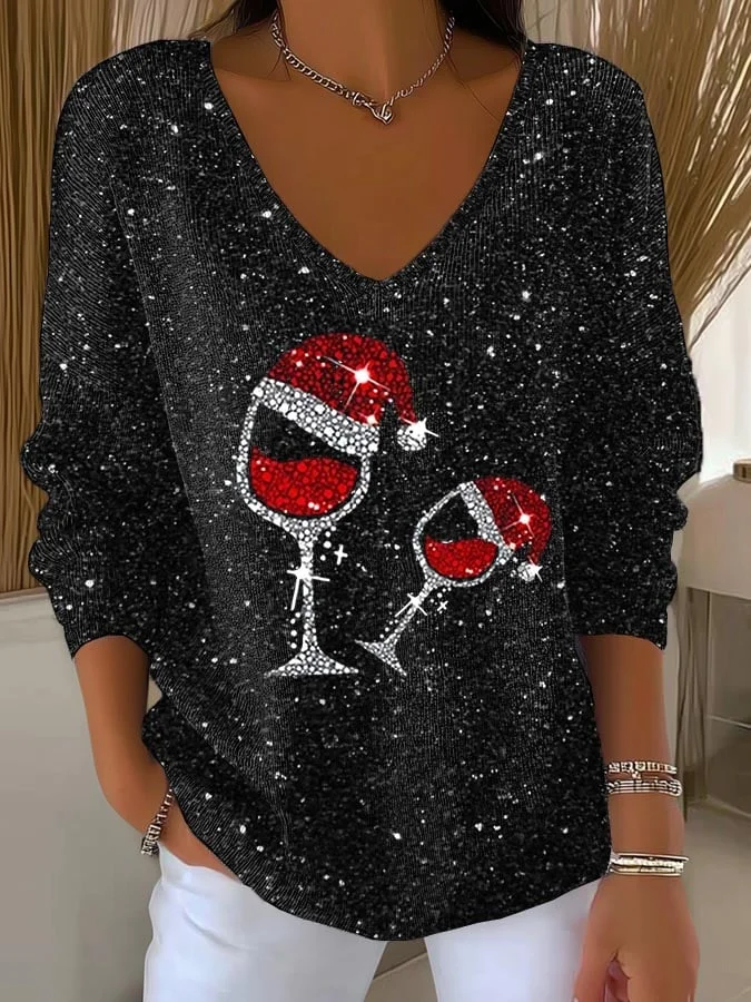 Casual Christmas V Neck Long Sleeve T-shirt