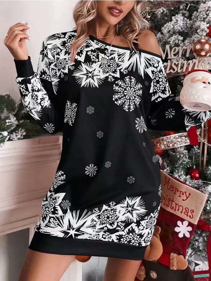 Women Christmas Spring/Fall Printing Dress Cold Shoulder Long Sleeve Hip Skirt A-Line Dress