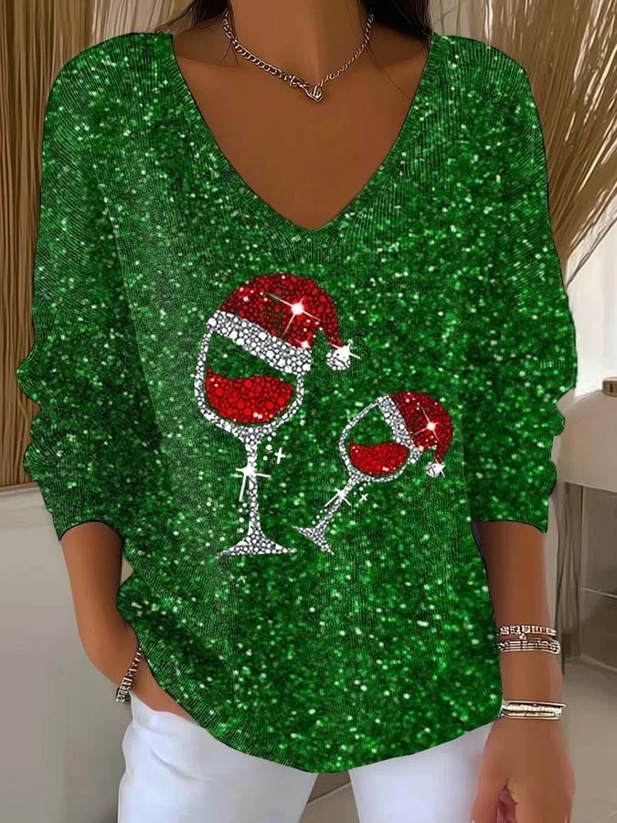 Casual Christmas V Neck Long Sleeve T-shirt