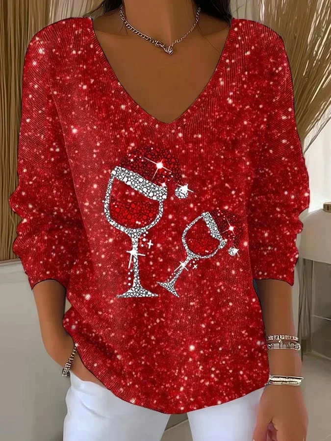 Casual Christmas V Neck Long Sleeve T-shirt