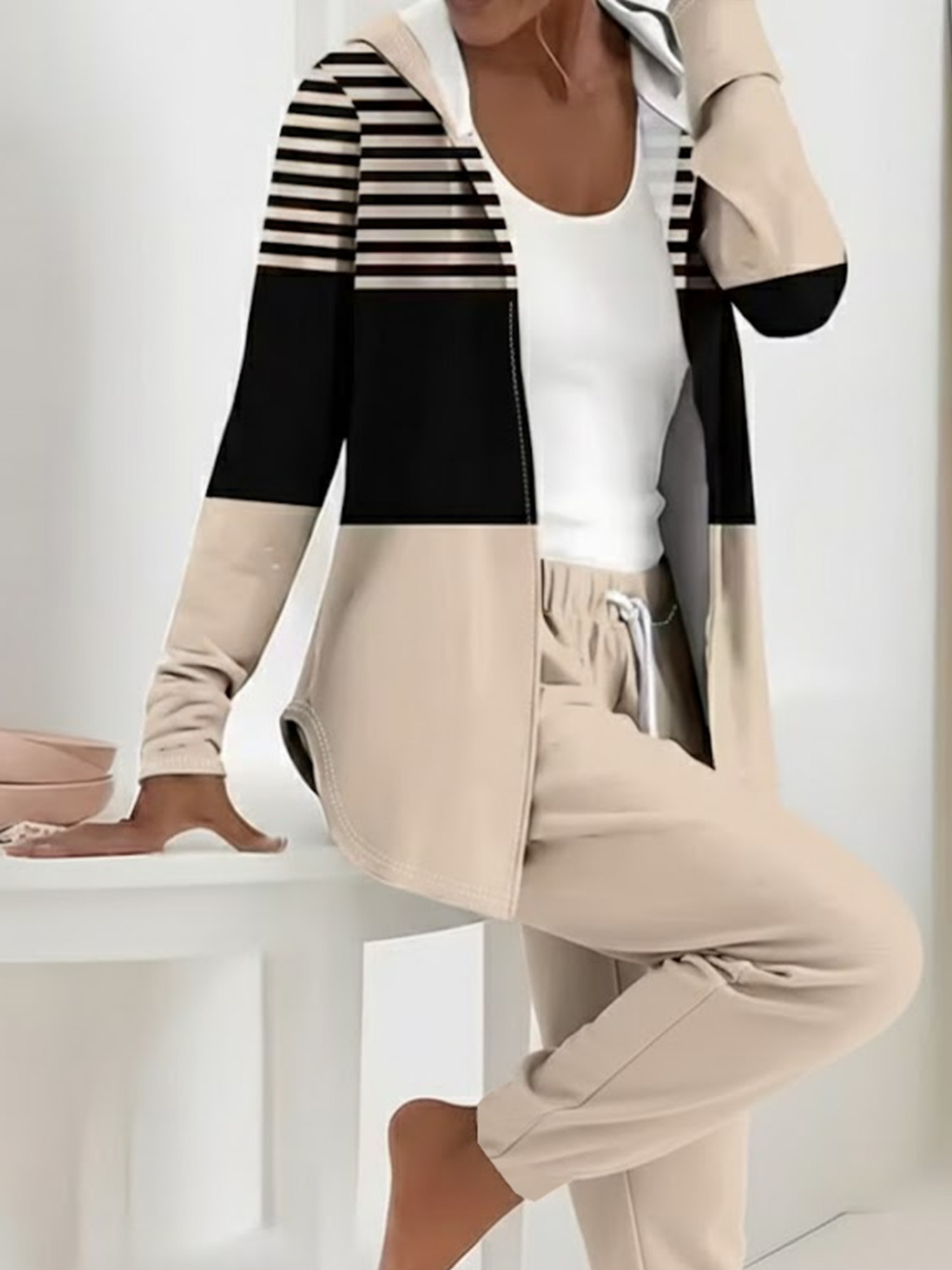 Women Striped Printing Two-Piece Set Daily Long Sleeve Casual Spring/Fall Coat With Pants Matching Set