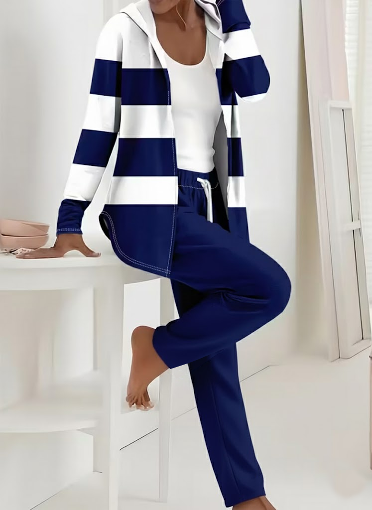 Women Striped Printing Two-Piece Set Daily Long Sleeve Casual Spring/Fall Coat With Pants Matching Set