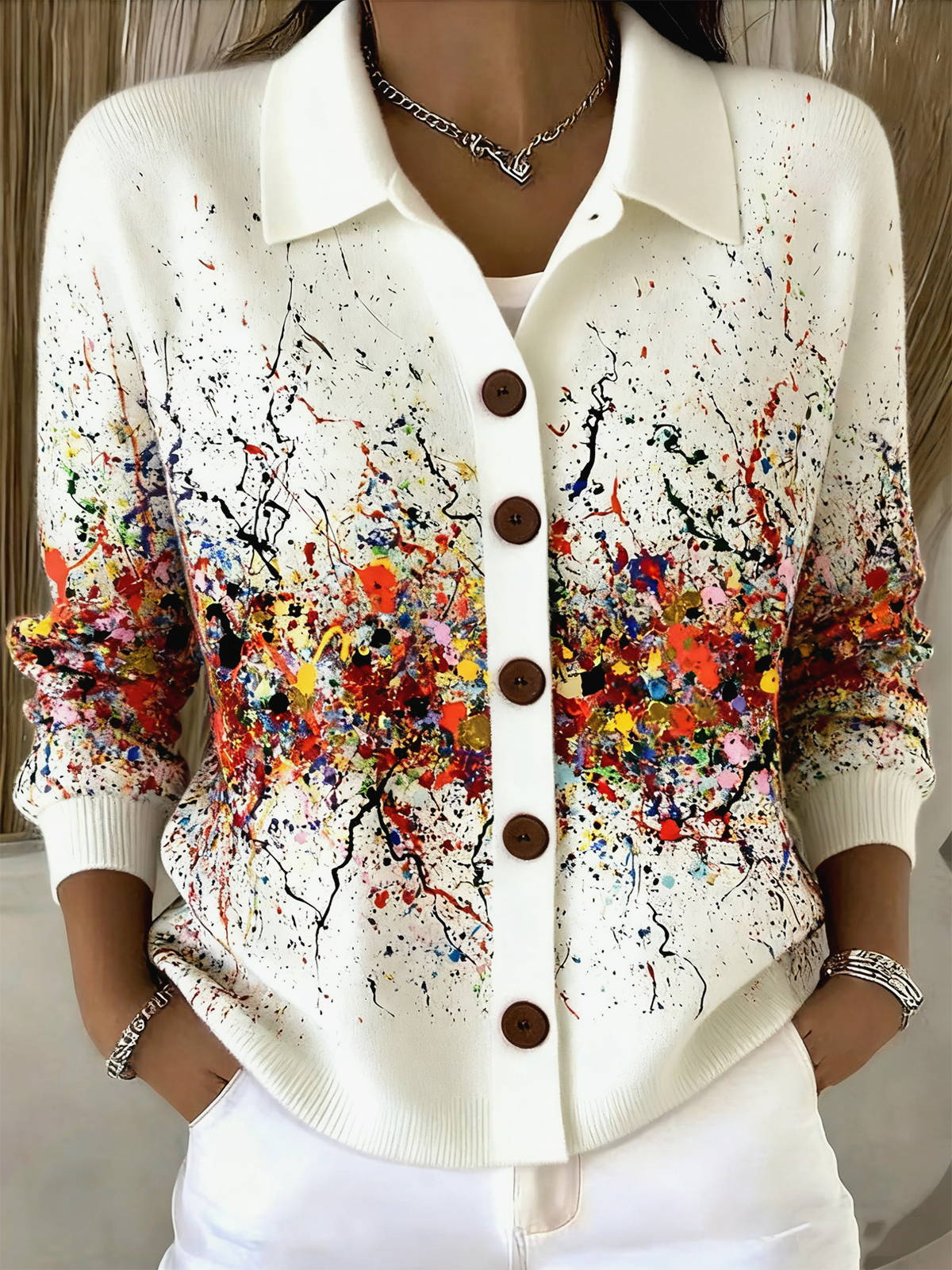 Women Knitted Gradient Pattern Long Sleeve Comfy Casual Cardigan