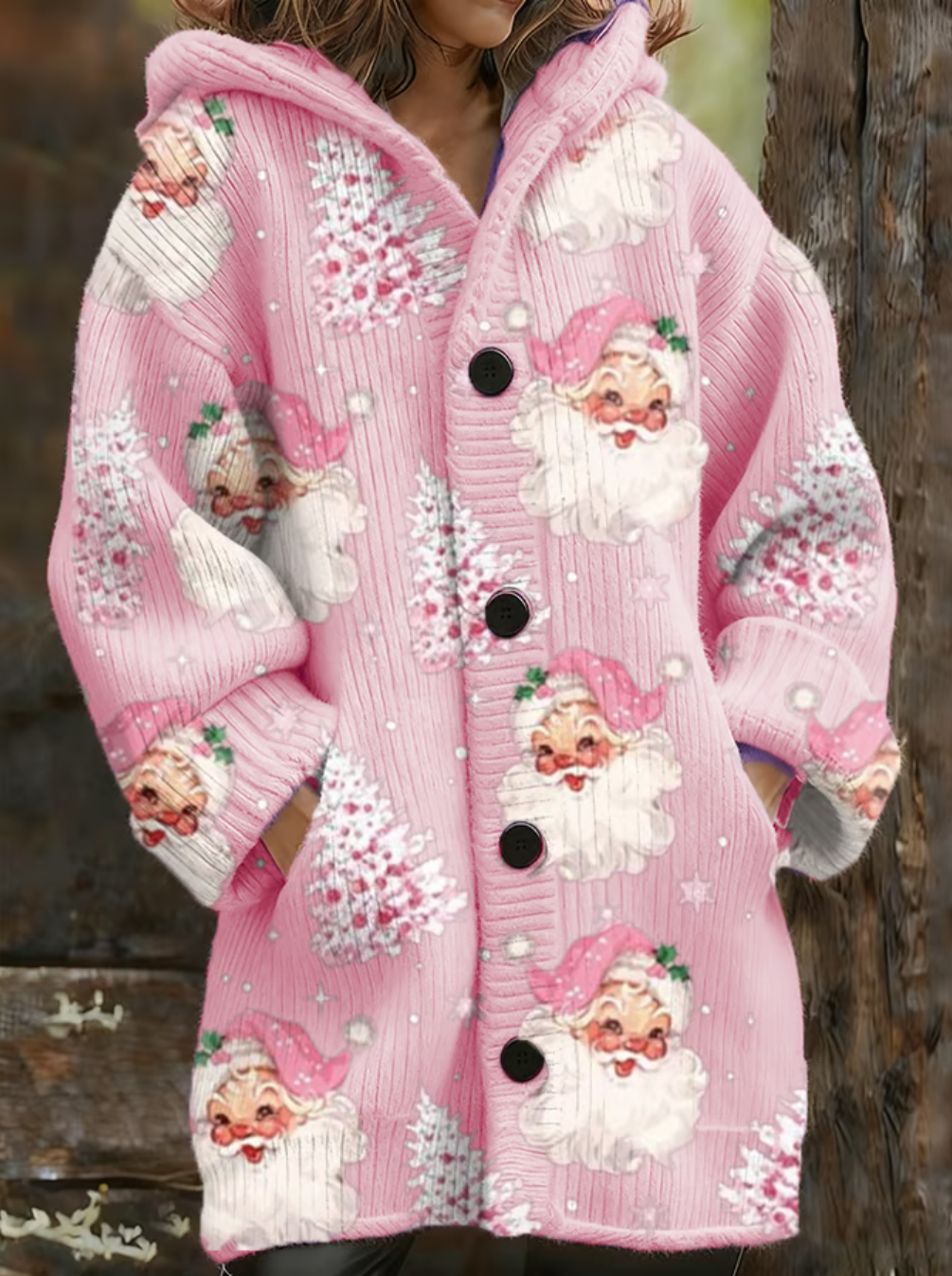 Women Wool/Knitting Santa Claus Long Sleeve Comfy Vintage Cardigan