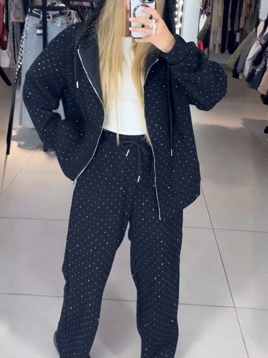 Women Plain Split Joint Two-Piece Set Daily Long Sleeve Casual Spring/Fall Top With Pants Matching Set