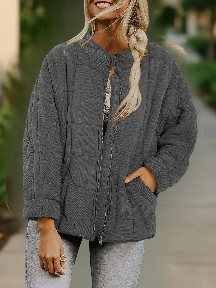 Women Spring/Fall Outerwear Casual Split Joint Plain Long Sleeve Stand Collar Jacket