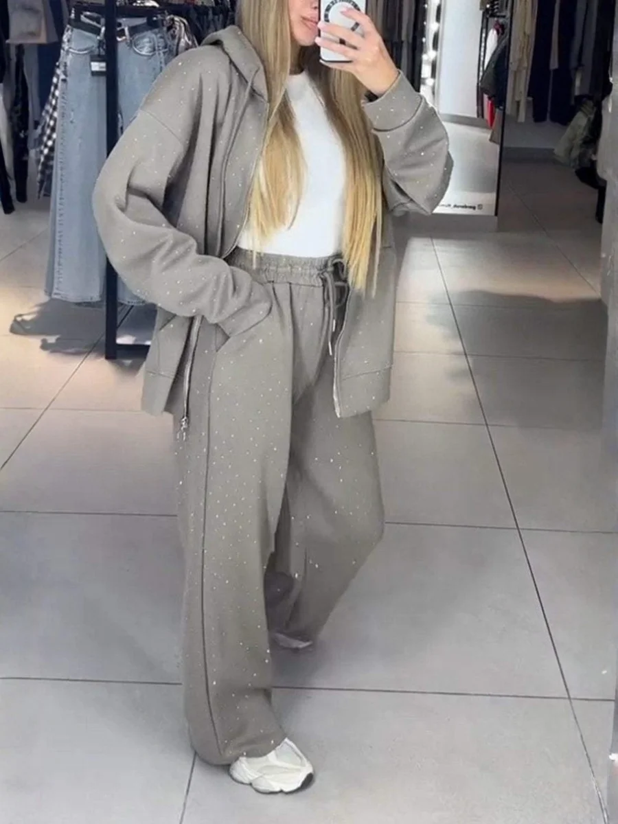 Women Plain Split Joint Two-Piece Set Daily Long Sleeve Casual Spring/Fall Top With Pants Matching Set