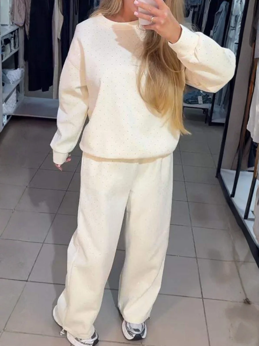 Women Plain Split Joint Two-Piece Set Daily Long Sleeve Casual Spring/Fall Top With Pants Matching Set