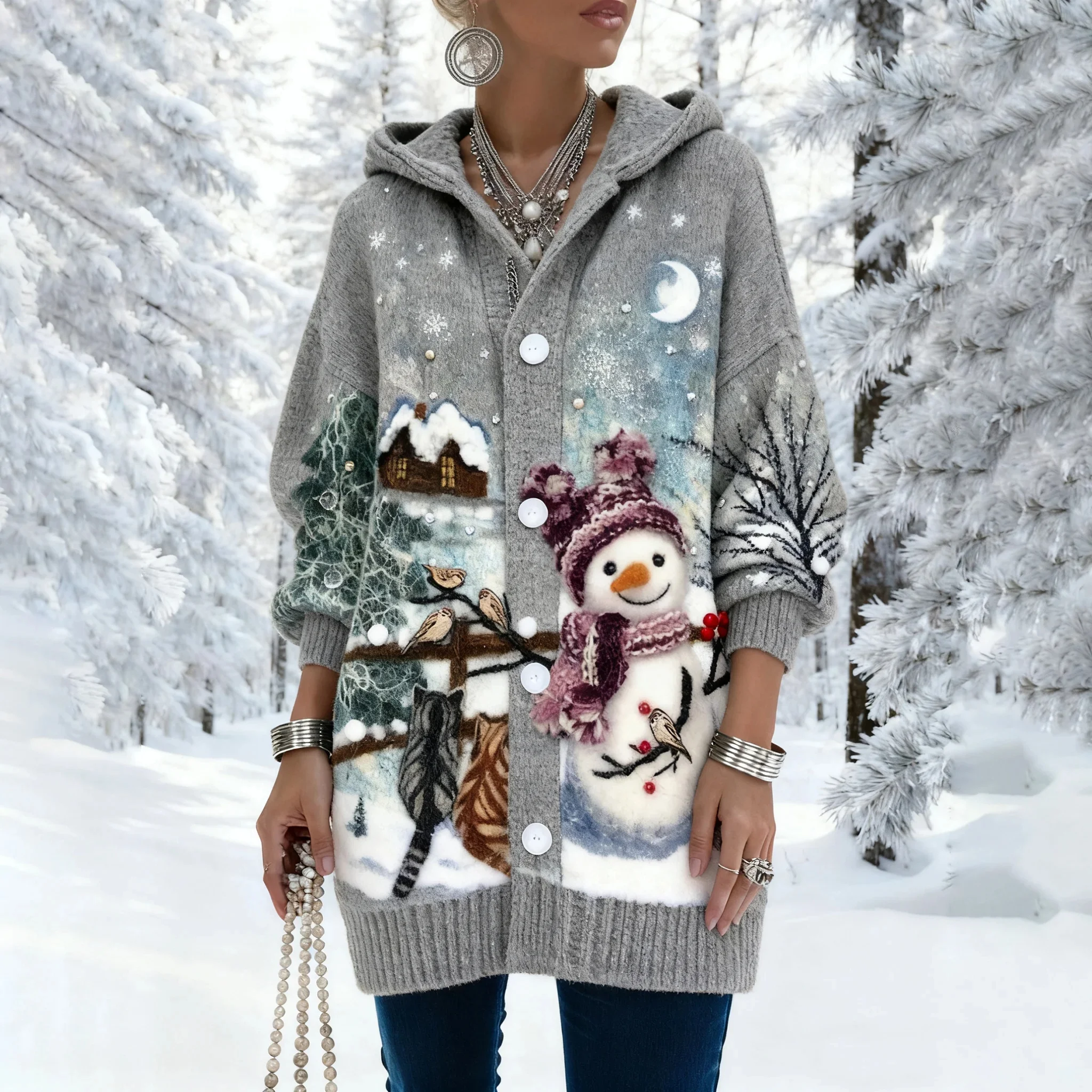 Women Wool/Knitting Santa Claus Long Sleeve Comfy Vintage Cardigan