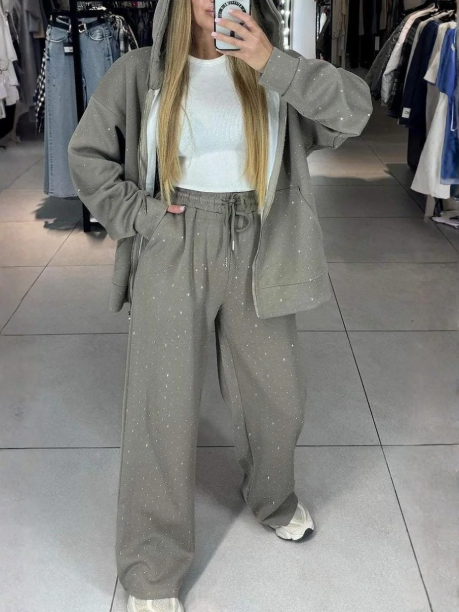 Women Plain Split Joint Two-Piece Set Daily Long Sleeve Casual Spring/Fall Top With Pants Matching Set