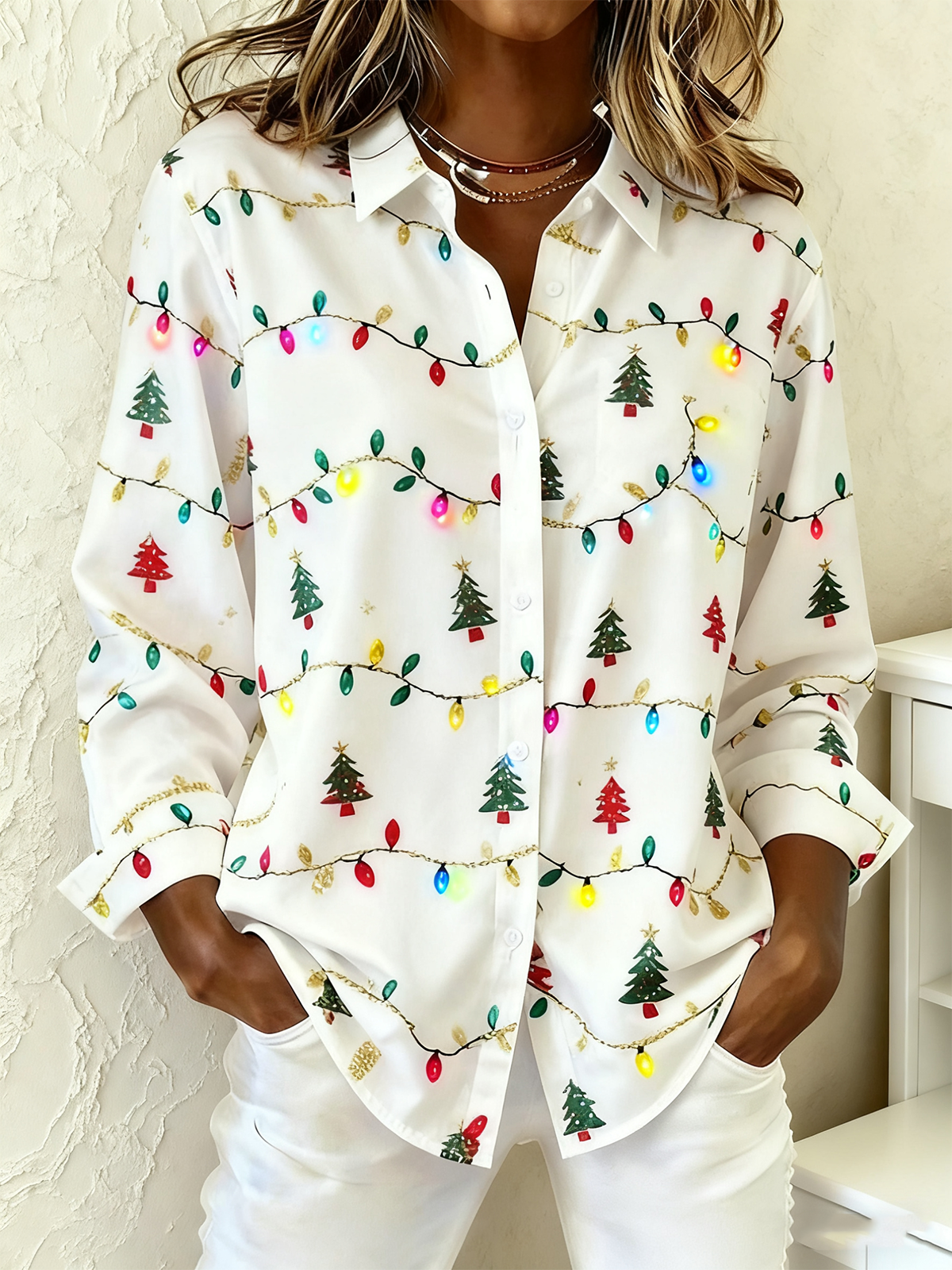 Shawl Collar Long Sleeve Christmas Regular Loose Shirt For Women