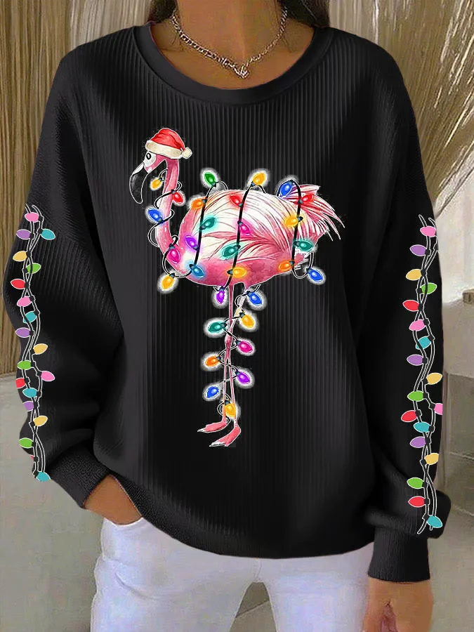 Casual Crew Neck Flamingo Sweatshirt Printing