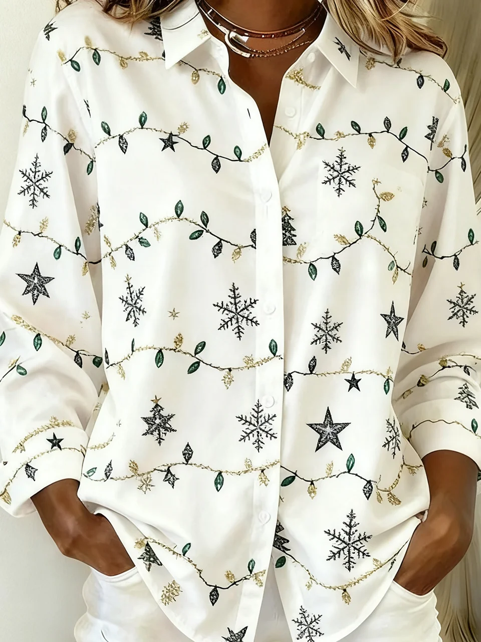 Shawl Collar Long Sleeve Christmas Regular Loose Shirt For Women