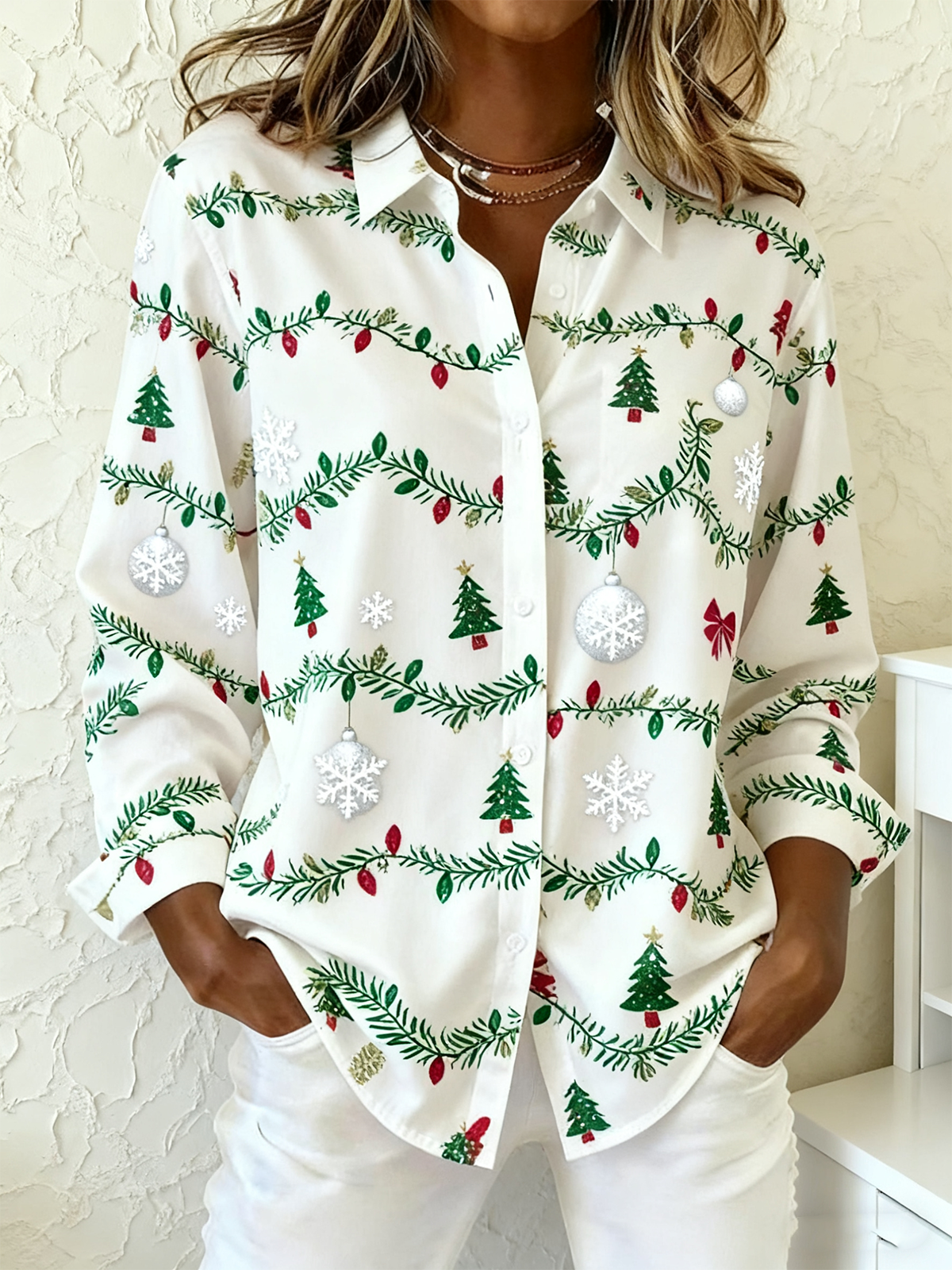 Shawl Collar Long Sleeve Christmas Regular Loose Shirt For Women