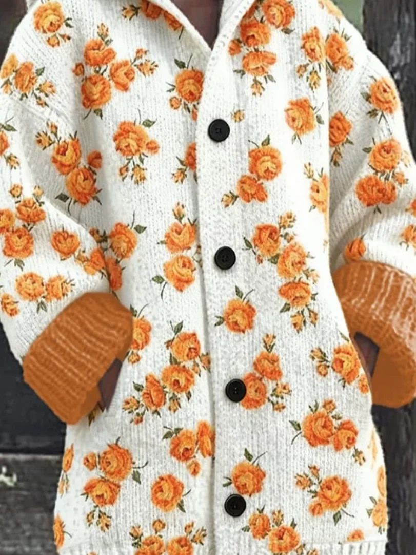 Women Wool/Knitting Geometric Long Sleeve Comfy Vintage Cardigan