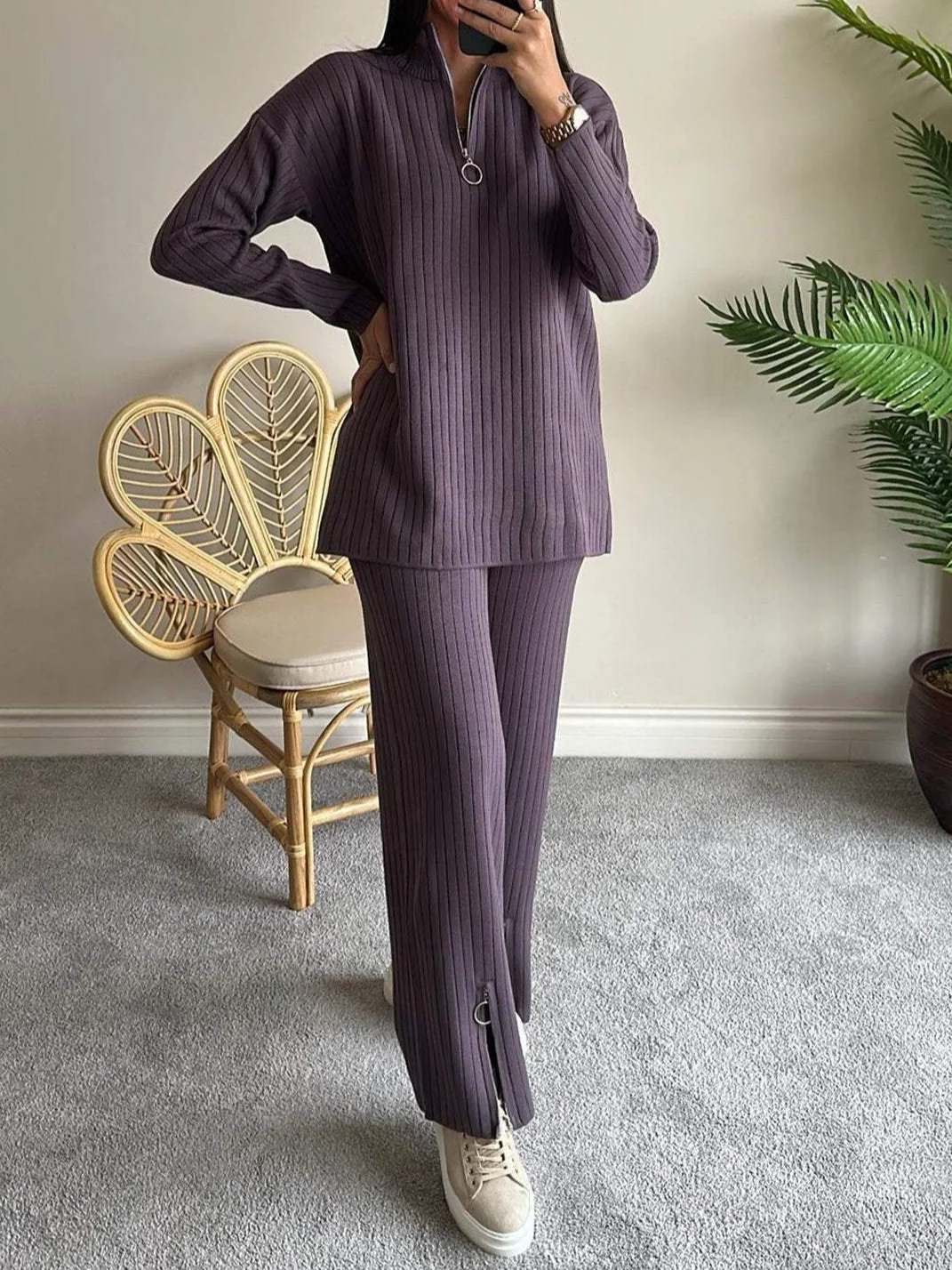 Women Plain Split Joint Two-Piece Set Daily Long Sleeve Casual Spring/Fall Top With Pants Matching Set