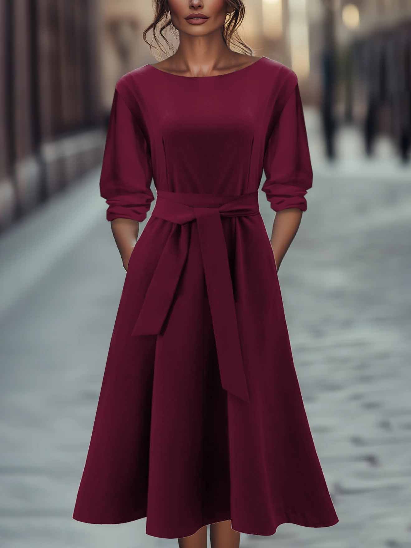 Women Plain Spring/Fall Dress Crew Neck Long Sleeve A-Line Dress