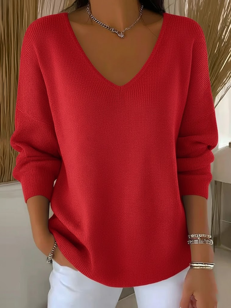 Casual Plain V Neck Long Sleeve T-shirt