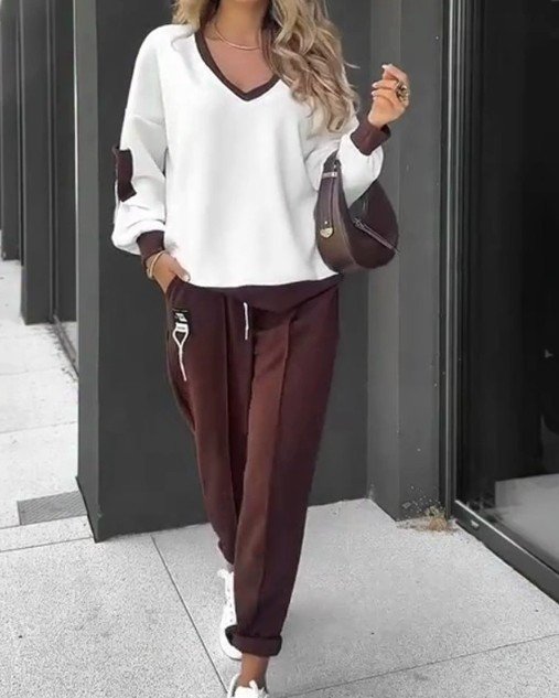 Women Color Block Two-Piece Set Daily Long Sleeve Casual Spring/Fall Top With Pants Matching Set