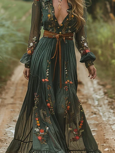 Women Floral Spring/Fall Dress V Neck Long Sleeve A-Line Dress