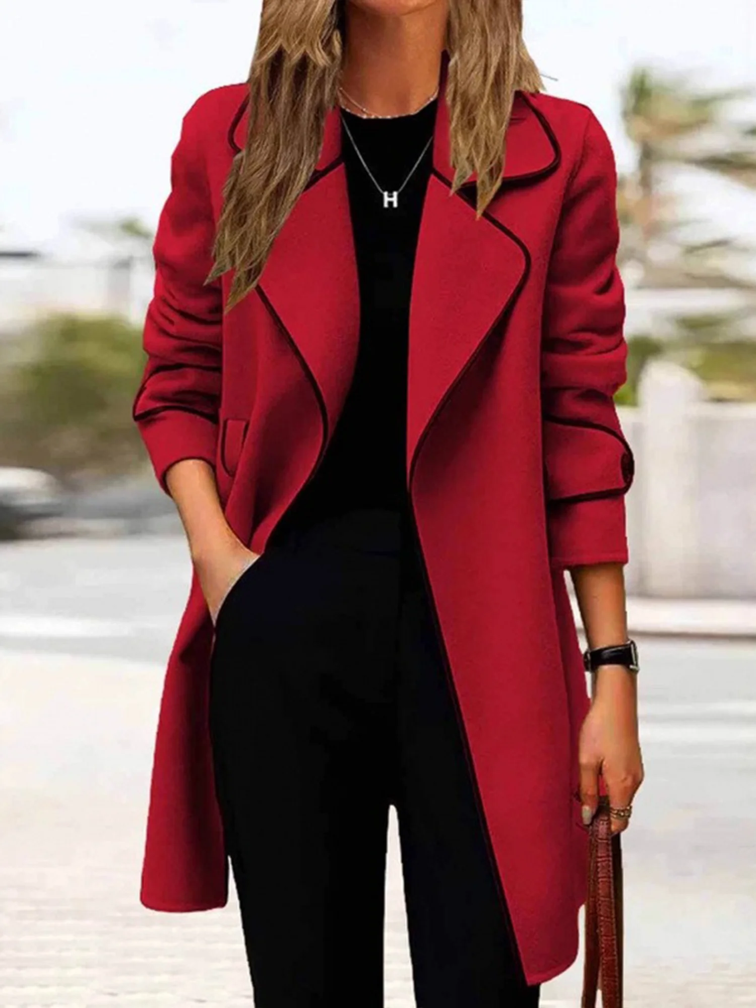 Women Winter Outerwear Urban Color Block Long Sleeve Lapel Collar Jacket