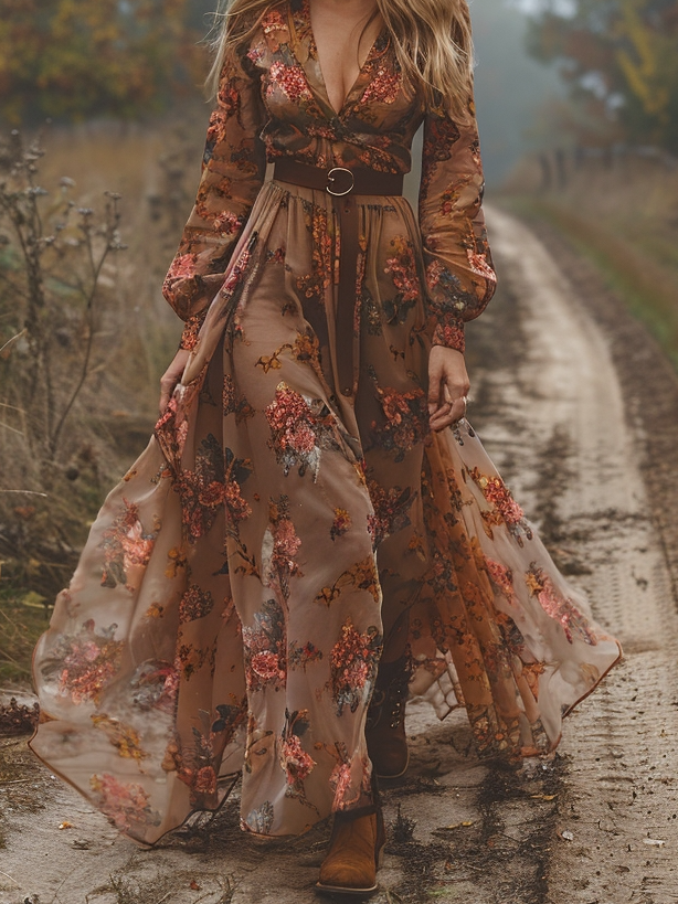 Women Floral Spring/Fall Dress V Neck Long Sleeve H-Line Dress