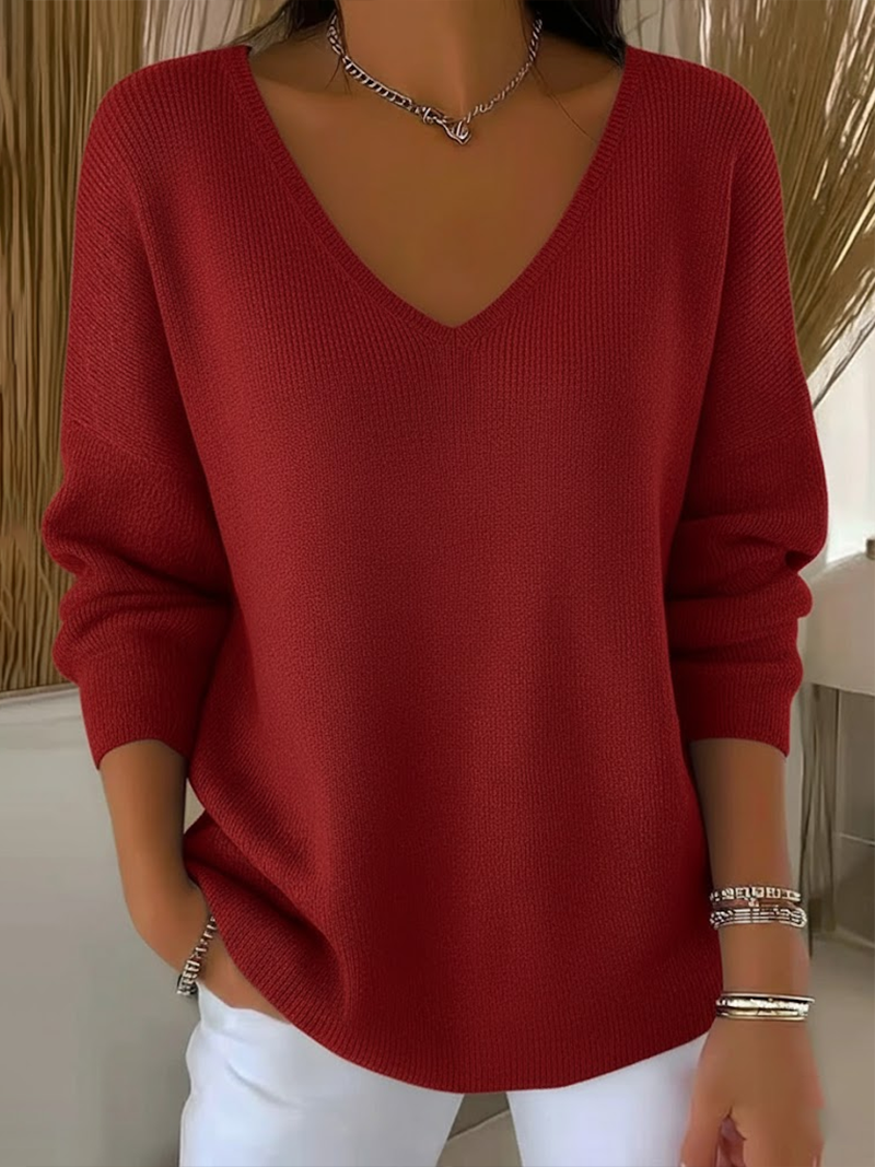 Casual Plain V Neck Long Sleeve T-shirt