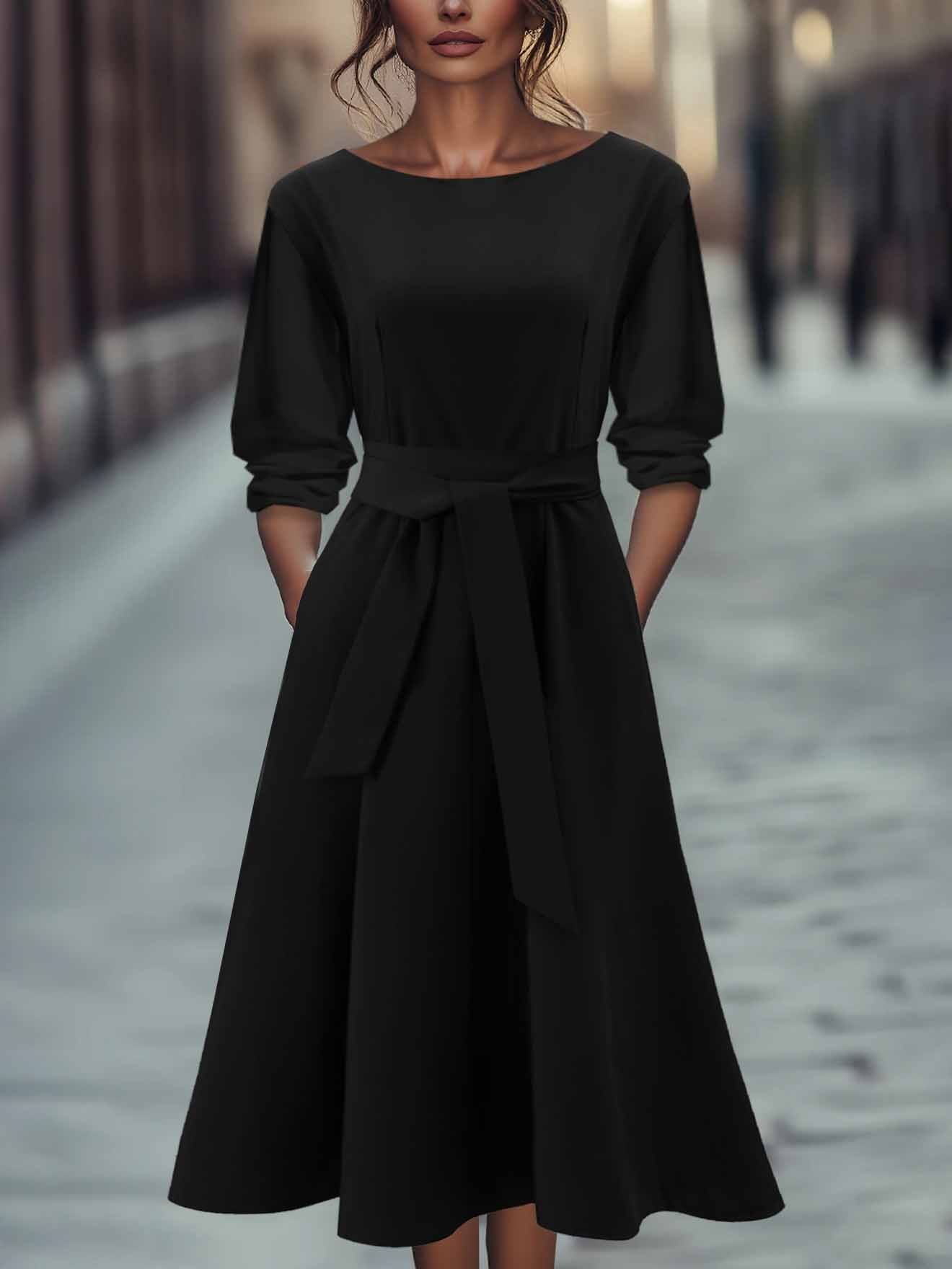 Women Plain Spring/Fall Dress Crew Neck Long Sleeve A-Line Dress