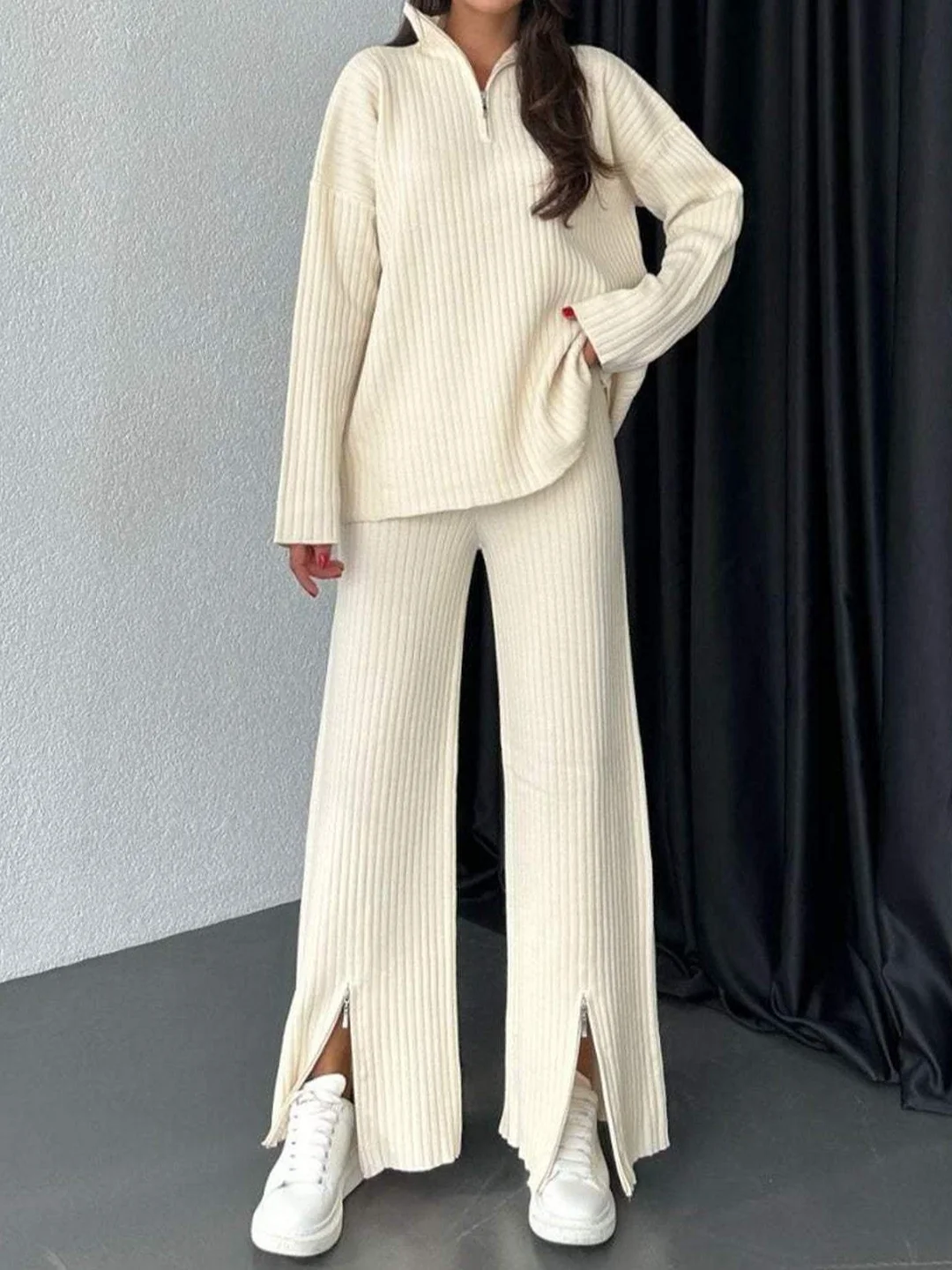 Women Plain Split Joint Two-Piece Set Daily Long Sleeve Casual Spring/Fall Top With Pants Matching Set