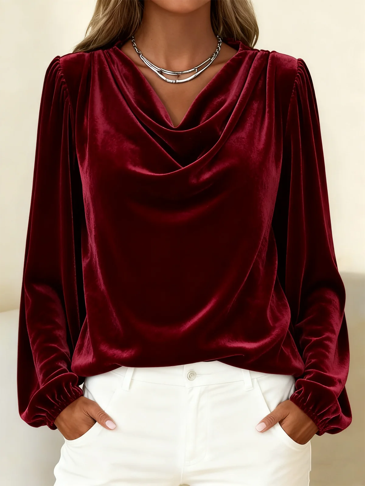 Elegant Plain Cowl Neck Long Sleeve T-shirt