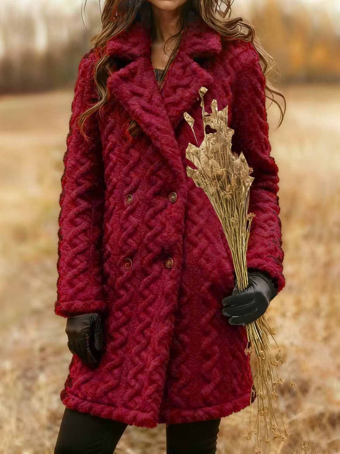 Women Winter Outerwear Casual Jacquard Plain Long Sleeve Shawl Collar Jacket