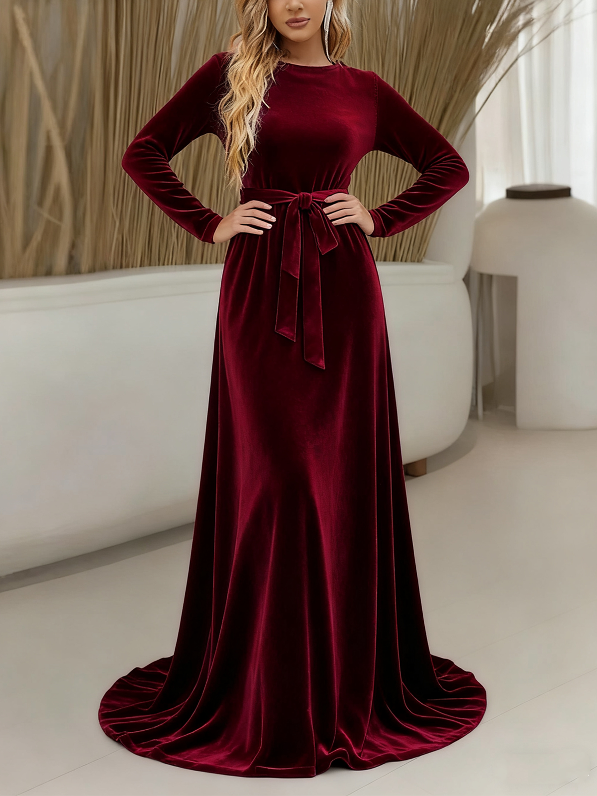 Women Plain Summer Dress Crew Neck Long Sleeve A-Line Dress